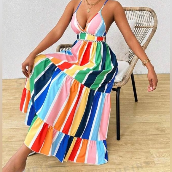 SHEIN Slayr Colorful Stripe Printed Ruffle Hem Backless Cami Dress Summer size 6 - Picture 2 of 9